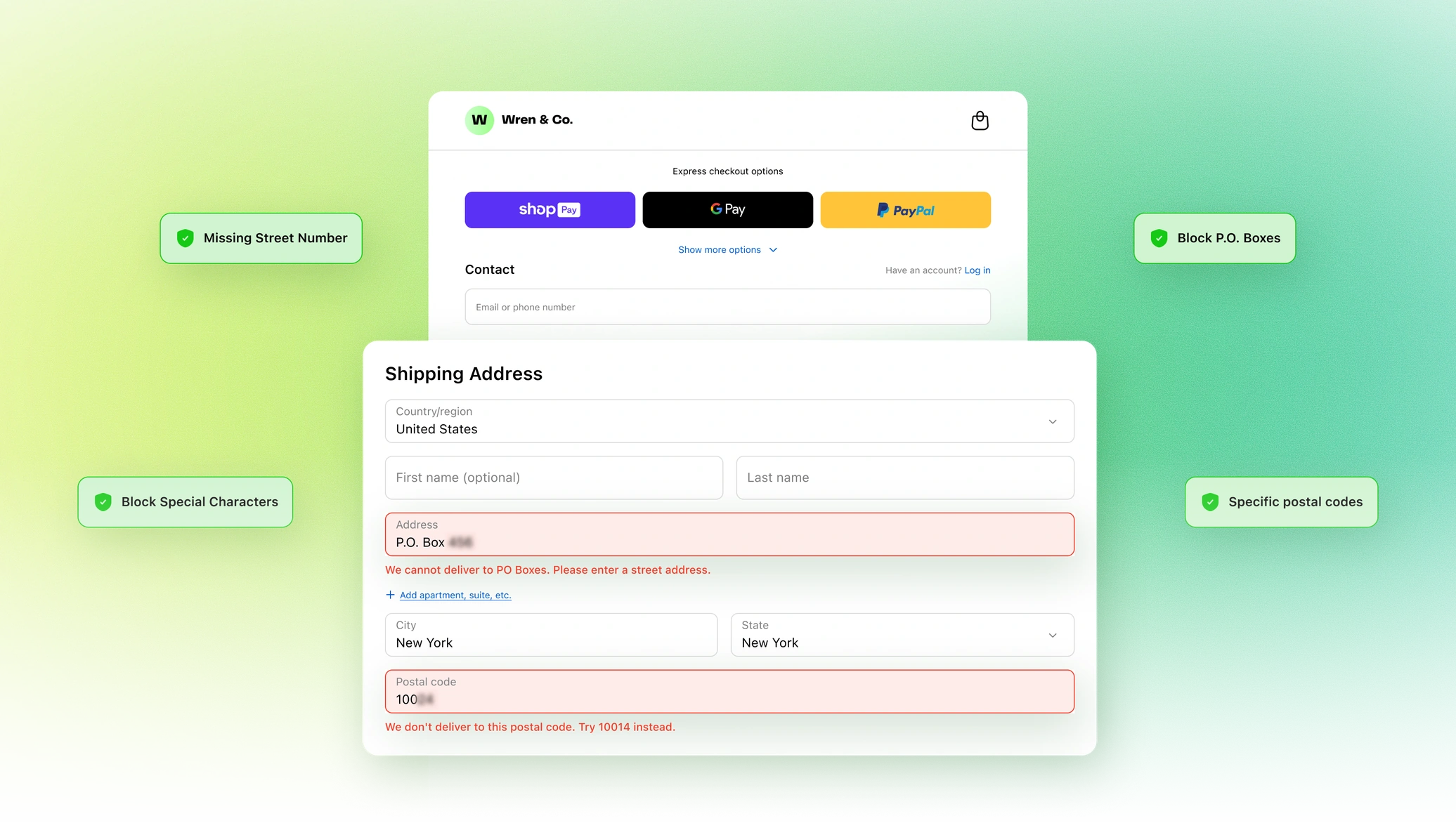 Chek: checkout validation rules catching an incomplete shipping address